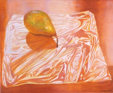 Malerei mit dem Titel "Poire sur papier al…" von Francois Malnati, Original-Kunstwerk, Öl