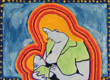 Schilderij getiteld "#Vierge à l'enfant" door François Martigné, Origineel Kunstwerk, Olie