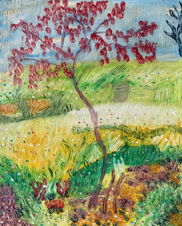 Painting titled "#Arbre rouge" by François Martigné, Original Artwork, Oil