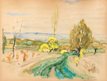 Schilderij getiteld "Vallée de la Seine" door François Quelvee, Origineel Kunstwerk, Gouache Gemonteerd op Houten paneel