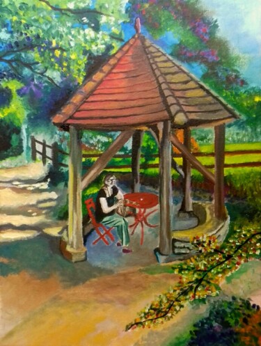 Peinture intitulée "Kiosque et jardin" par François Van Hemelryck, Œuvre d'art originale, Huile Monté sur Châssis en bois