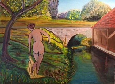 Painting titled "Le lavoir" by François Van Hemelryck, Original Artwork, Oil Mounted on Wood Stretcher frame