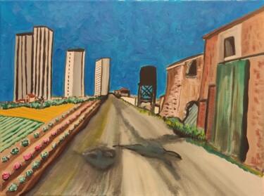 Painting titled "Bobigny 1970" by François Van Hemelryck, Original Artwork, Oil Mounted on Wood Stretcher frame