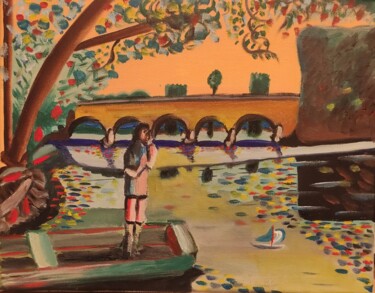 Schilderij getiteld "Le pont et l'enfant" door François Van Hemelryck, Origineel Kunstwerk, Olie Gemonteerd op Frame voor ho…