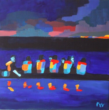 Painting titled "Migrant en mer." by Francois Xavier Vaudeleau, Original Artwork, Acrylic