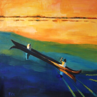 Картина под названием "Kerala boat" - Francois Xavier Vaudeleau, Подлинное произведение искусства, Акрил Установлен на Дерев…