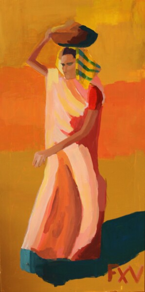 Peinture intitulée "India working girl 2" par Francois Xavier Vaudeleau, Œuvre d'art originale, Acrylique Monté sur Châssis…
