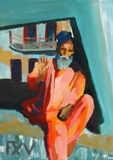 Pittura intitolato "Sadhu" da Francois Xavier Vaudeleau, Opera d'arte originale, Acrilico Montato su Telaio per barella in l…