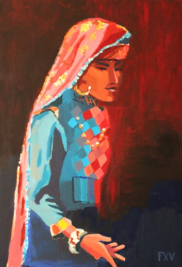 Painting titled "Rajasthan Princess" by Francois Xavier Vaudeleau, Original Artwork, Acrylic