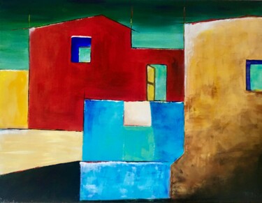 Painting titled "Maison bleue" by Françoise Augustine, Original Artwork, Acrylic