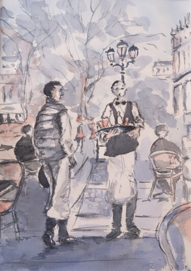 Картина под названием "Café parisien" - Françoise Bellisario, Подлинное произведение искусства, Акварель