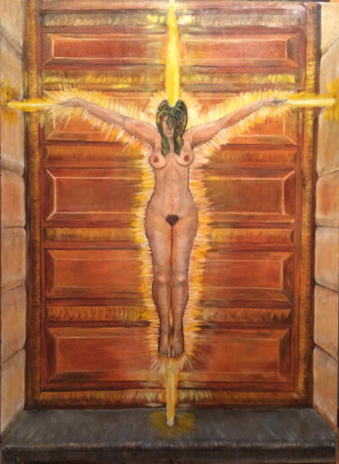 Painting titled "Crucifixion" by Francoise Delpérée, Original Artwork, Oil Mounted on Wood Stretcher frame