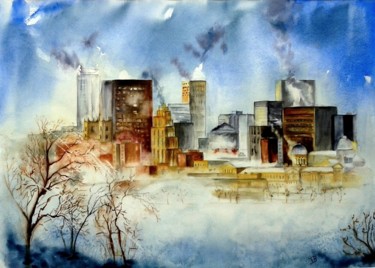 Painting titled "La ville prise dans…" by Françoise Gy Bollore, Original Artwork, Watercolor