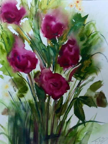 Pintura intitulada "Les roses de mon ja…" por Françoise Gy Bollore, Obras de arte originais, Aquarela