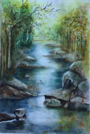 Pintura intitulada "La Route des rivièr…" por Françoise Gy Bollore, Obras de arte originais, Aquarela