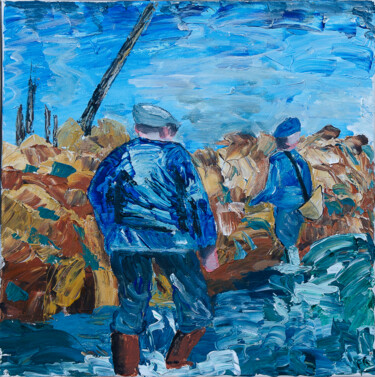 Painting titled "Les pêcheurs au bor…" by Françoise Le Crenn, Original Artwork, Acrylic Mounted on Wood Stretcher frame