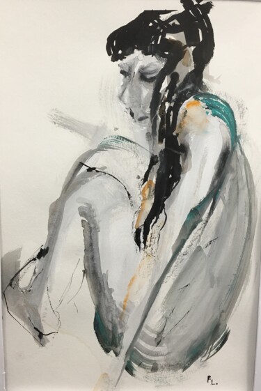 Peinture intitulée "Un femme songeuse" par Francoise Leblanc, Œuvre d'art originale, Encre