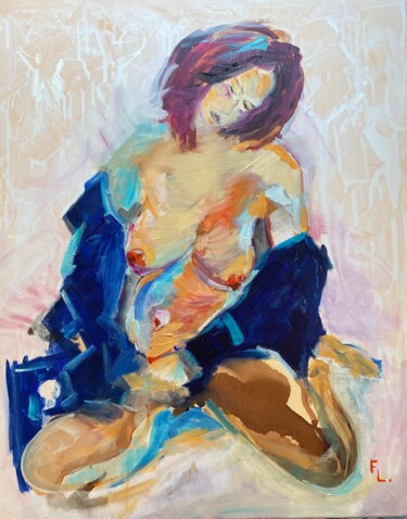 Картина под названием "Femme à la chemise…" - Francoise Leblanc, Подлинное произведение искусства, Акрил Установлен на Дерев…