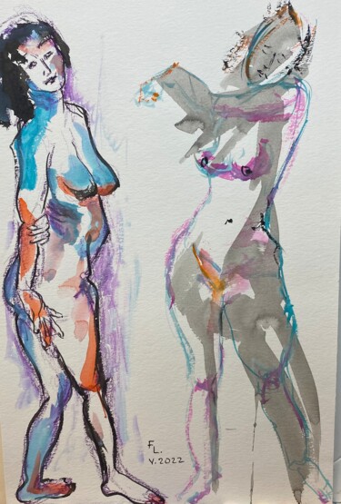 Malerei mit dem Titel "Deux femmes" von Francoise Leblanc, Original-Kunstwerk, Aquarell