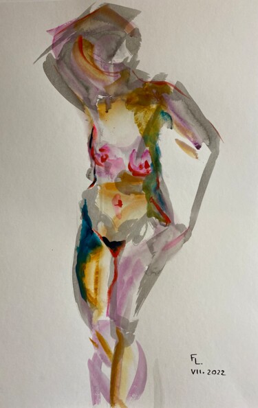 Desenho intitulada "Femme en couleur" por Francoise Leblanc, Obras de arte originais, Aquarela