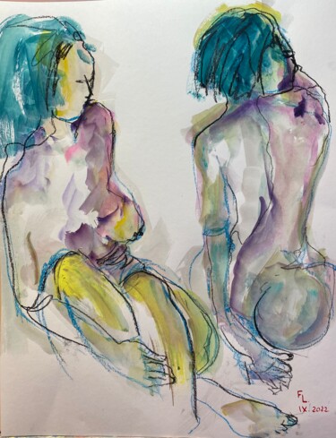 Картина под названием "Deux femmes en coul…" - Francoise Leblanc, Подлинное произведение искусства, Акварель