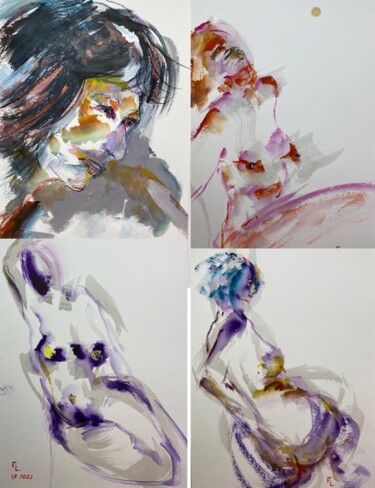 Desenho intitulada "4 DESSINS FEMMES JE…" por Francoise Leblanc, Obras de arte originais, Aquarela