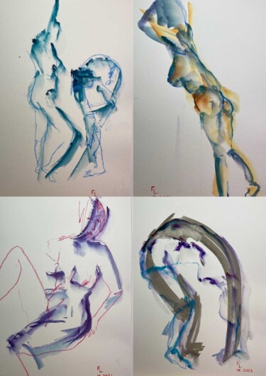 Desenho intitulada "4 DESSINS FEMMES JE…" por Francoise Leblanc, Obras de arte originais, Aquarela