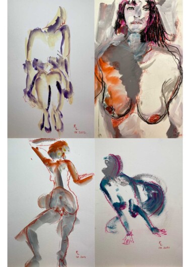 Drawing titled "4 DESSINS FEMMES JE…" by Francoise Leblanc, Original Artwork, Watercolor