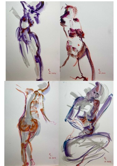 Dessin intitulée "4 DESSINS FEMMES JE…" par Francoise Leblanc, Œuvre d'art originale, Aquarelle