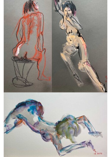 Peinture intitulée "3 DESSINS FEMMES JE…" par Francoise Leblanc, Œuvre d'art originale, Aquarelle