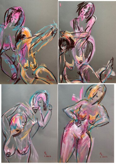 Drawing titled "4 DESSINS DE FEMME2" by Francoise Leblanc, Original Artwork, Chalk