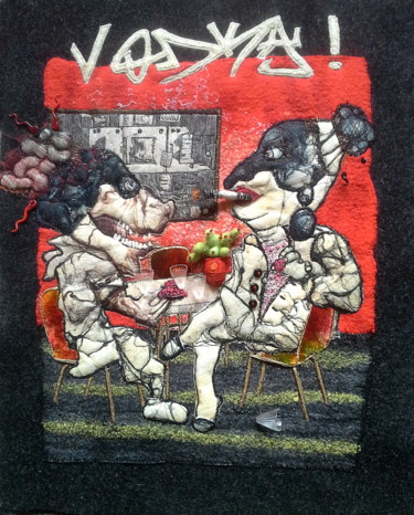 Textilkunst mit dem Titel "Vodka !" von Françoise Maillet, Original-Kunstwerk, Stickerei