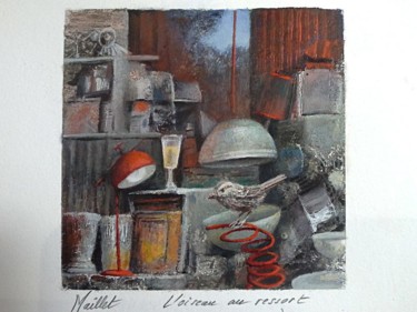 Painting titled "L'oiseau au ressort" by Françoise Maillet, Original Artwork, Pastel