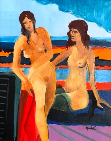 Painting titled ""Femmes se délassan…" by Françoise Marchetti, Original Artwork, Oil Mounted on Wood Stretcher frame