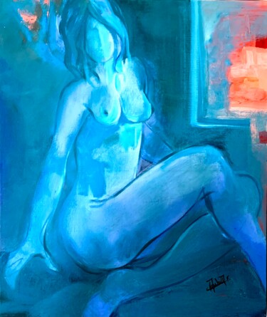 Peinture intitulée ""Nu bleu à la lucar…" par Françoise Marchetti, Œuvre d'art originale, Huile Monté sur Châssis en bois