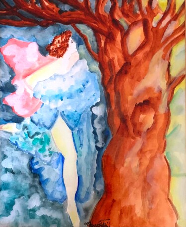Peinture intitulée ""Femme à l'arbre éc…" par Françoise Marchetti, Œuvre d'art originale, Aquarelle