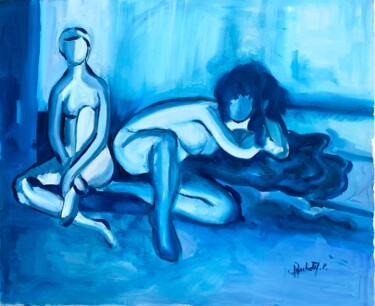 Peinture intitulée ""Pause bleue alangu…" par Françoise Marchetti, Œuvre d'art originale, Huile Monté sur Châssis en bois