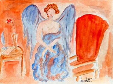 Pintura titulada ""La muse à la plume"" por Françoise Marchetti, Obra de arte original, Acuarela