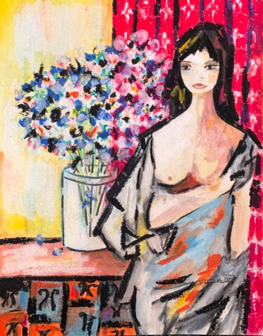 Peinture intitulée ""Femme au bouquet e…" par Françoise Marchetti, Œuvre d'art originale, Pastel