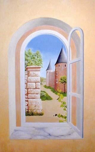 Peinture intitulée "fenêtre et chateau" par Françoise Néri (Framine), Œuvre d'art originale, Huile