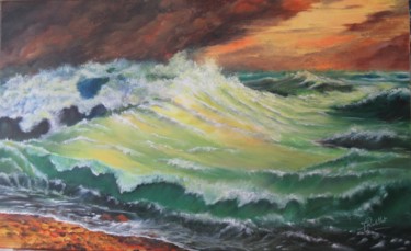 Painting titled "La Vague verte" by Françoise Rutillet, Original Artwork, Oil Mounted on Wood Stretcher frame