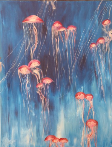 Peinture intitulée "Pluie de méduses" par Françoise Rutillet, Œuvre d'art originale, Huile