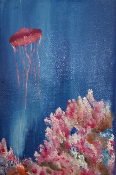 Schilderij getiteld "Corail rose et sa m…" door Françoise Rutillet, Origineel Kunstwerk, Olie