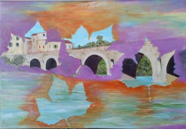 Painting titled "Pont Romain, L'auto…" by Françoise Rutillet, Original Artwork, Oil Mounted on Wood Stretcher frame