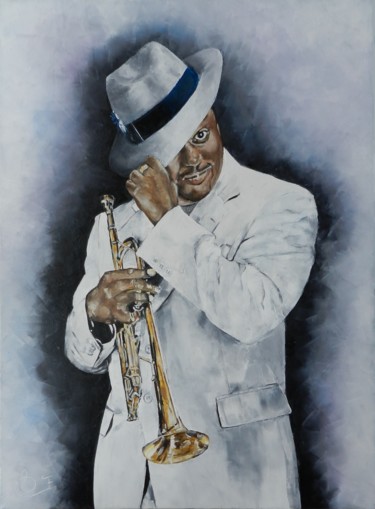 Painting titled "Kermit Ruffins" by Francoise Souriau, Original Artwork, Oil Mounted on Wood Stretcher frame