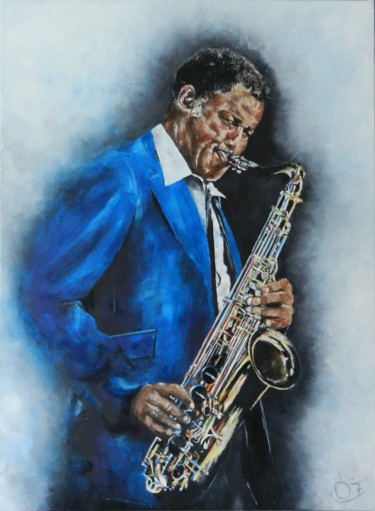 Painting titled "TENOR SAX LEGENDS" by Francoise Souriau, Original Artwork, Oil Mounted on Wood Stretcher frame