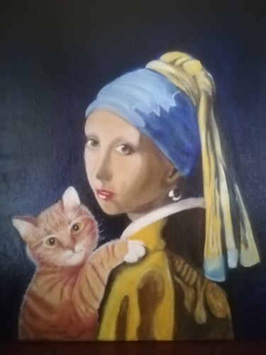 Painting titled "Jeune fille au chat" by Françoise Tsoukas, Original Artwork, Oil