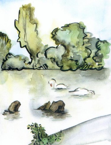 Peinture intitulée "Cygnes  de l'Ile ve…" par Françoise Bessières, Œuvre d'art originale