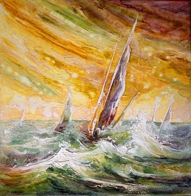 Painting titled "Regate ciel jaune" by Françoise Hannequin, Original Artwork