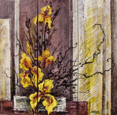 Painting titled "iris jaunes. tripty…" by Françoise Hannequin, Original Artwork, Oil